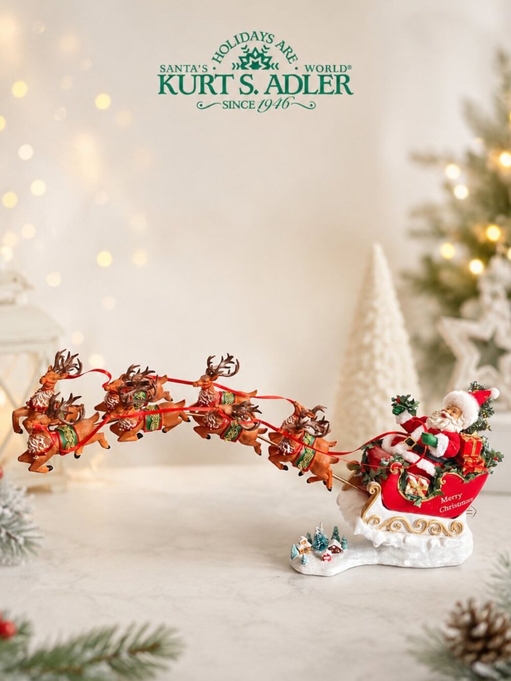 Kurt Adler Fabriche Musical Santa & 8 Reindeer Christmas Decor Collectible Set